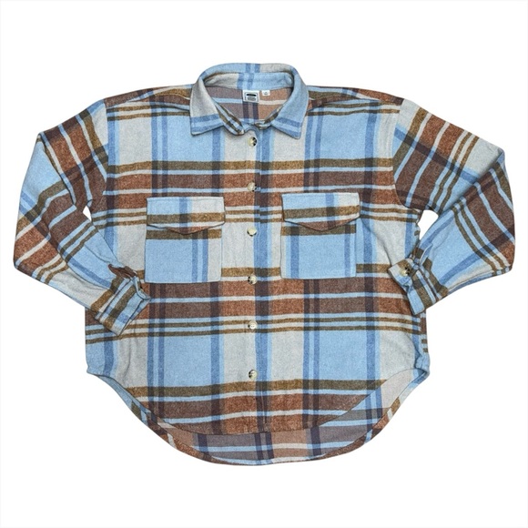 Ford Bronco Flannel Shirt Womens L Blue Plaid Button Up Shacket Official Retro - Picture 3 of 5